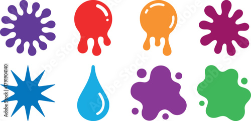 A vibrant collection of eight distinct paint splatters and drips in various bright colors and shapes.