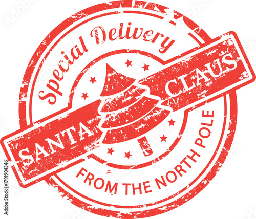 Special Delivery From Santa Claus Stamp With North Pole Theme And Christmas Tree