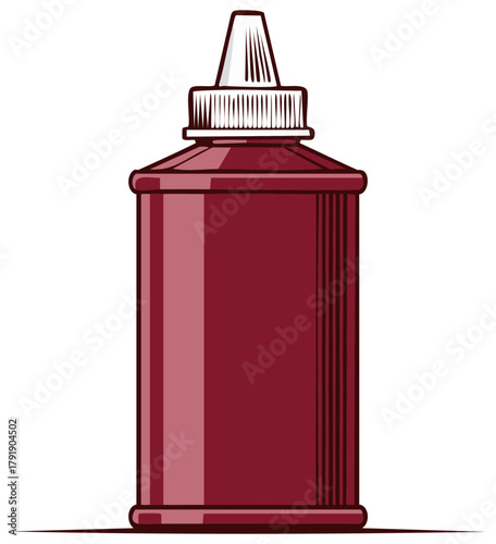 Dark red squeeze bottle illustration with dispensing nozzle for liquids or condiments