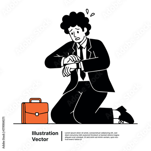 Worried businessman kneeling and checking his watch, anxious about a deadline