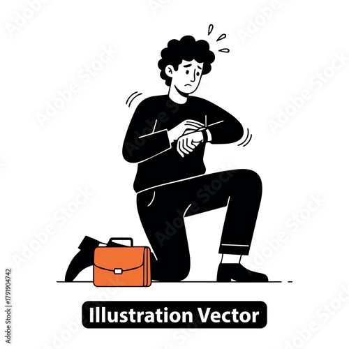 Man on Knees Checking Time With Briefcase in a Hurry, Late for Appointment, Punctuality