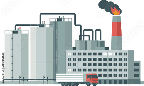 Industrial factory building with truck, refinery plant, oil and gas production, chemical processing industry, manufacturing facility, pollution smoke, energy infrastructure illustration