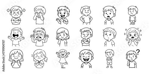 Collection of hand drawn cartoon faces expressing various emotions