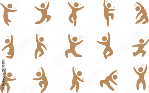 Human figure poses, dynamic movement, brown silhouettes, expressive body motion, energy sparks, dance, therapy, animation, physical activity, kinetic design