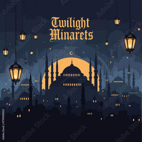 Twilight Minarets - Majestic Mosque Silhouette Against a Starry Night Sky.