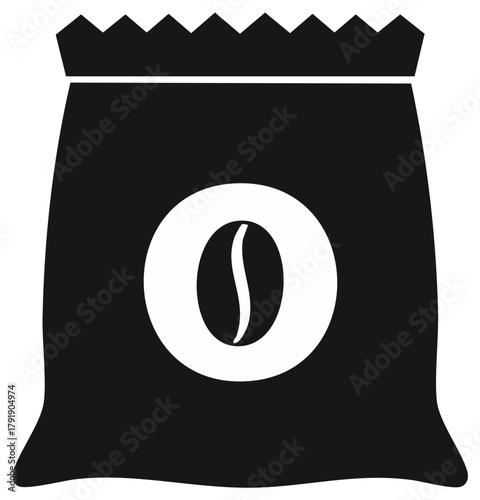 Minimalist black coffee bag icon with a bean symbol. Vector graphic for packaging and cafe design.