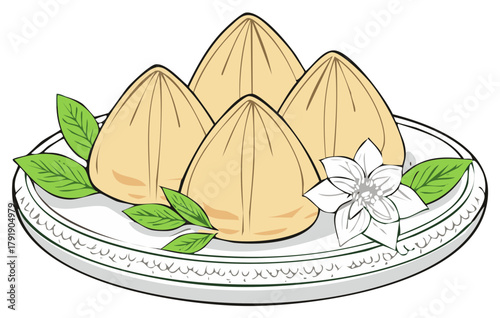 Four Steamed Dumplings on a Decorative Plate with Green Leaves and White Flower