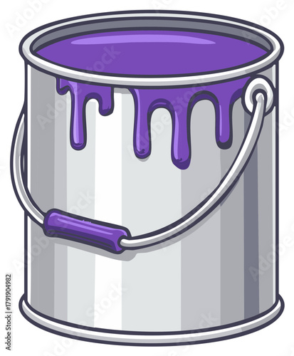 Metal Paint Can Container Overflowing with Purple Color Dripping Down the Sides for Artistic Expressions