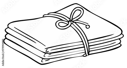 Black and white line drawing of a neatly folded stack of items tied with a decorative ribbon and bow