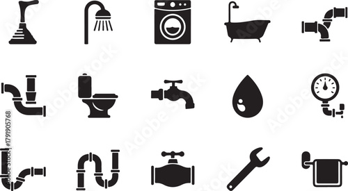 Plumbing and bathroom fixture icons set for utility and repair