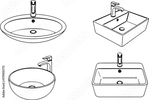 Modern bathroom sink basin designs with faucets, outline vector art
