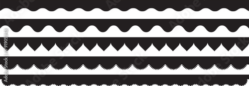 Scalloped Edge border. seamless simple scalloped borders and dividers set, vintage frill ornament and ribbon trim pattern decorative lace vector Illustration