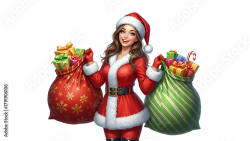 single Mrs. Claus Character in Santa Hat Carrying Holiday Gifts bags with both hands  and pose to smile 