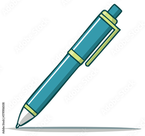 Clean cartoon drawing of a teal writing pen with yellow accents casting a shadow