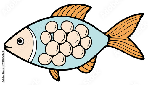 Cartoon blue fish with orange fins and internal eggs illustration