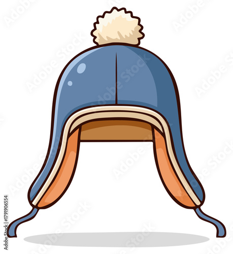 Warm Blue Winter Trapper Hat Illustration with Ear Flaps and Pom-Pom for Cold Weather.