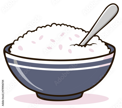 Simple cartoon illustration of a blue ceramic bowl filled with fluffy white rice and a spoon
