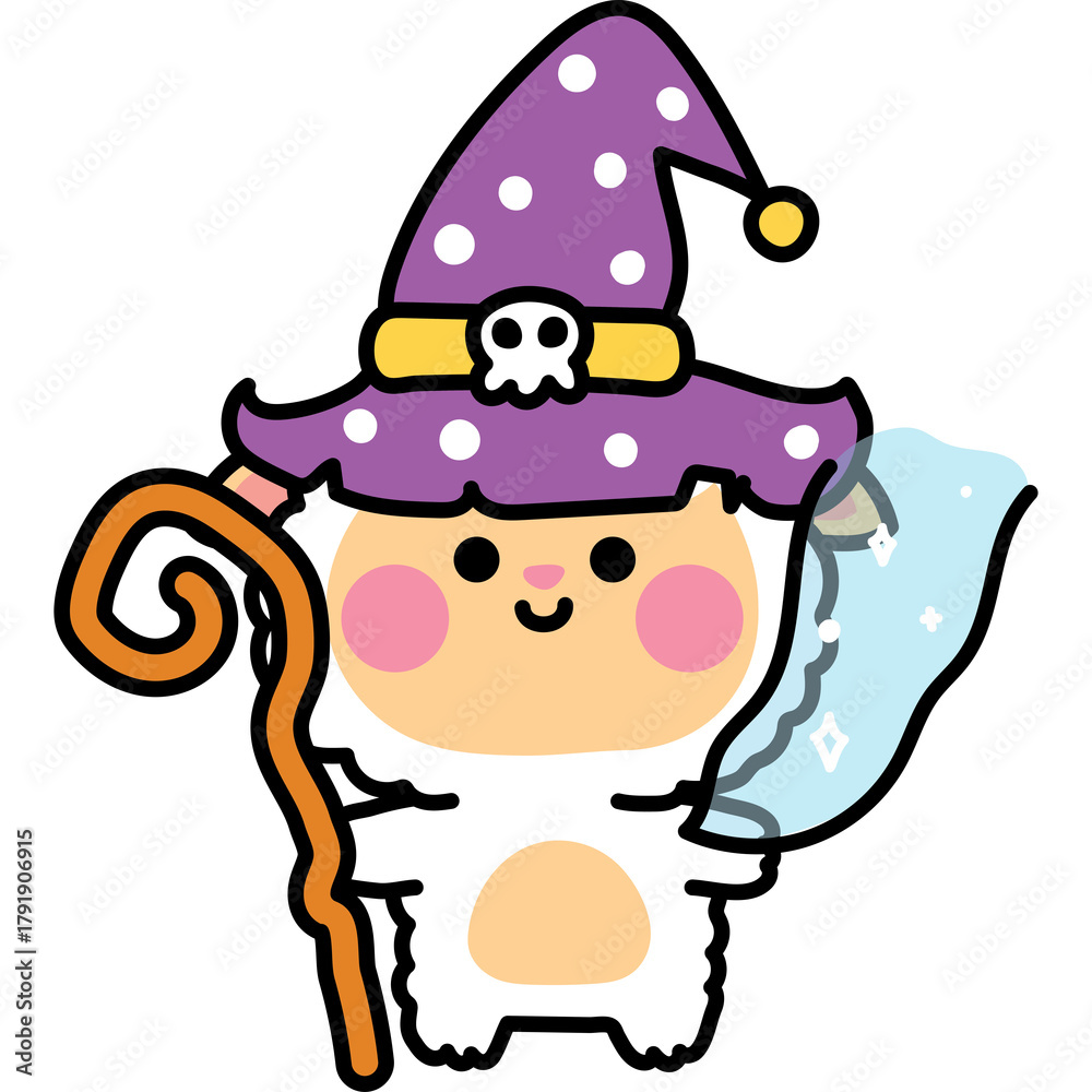 Naklejka premium Cute Cartoon Sheep Wizard Holding a Staff and Magic Scroll With a Purple Polka Dot Hat and Skull Emblem Against a White Background