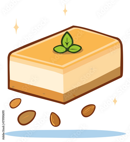 Delicious layered dessert bar with almonds and mint leaf garnish sparkling with joy