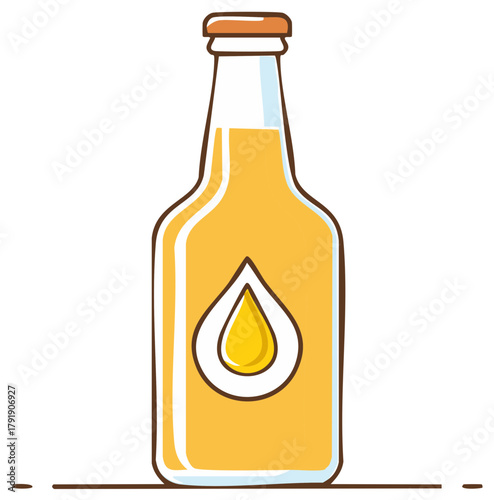 Simple hand drawn illustration of a beer bottle with a golden liquid and a drop logo icon