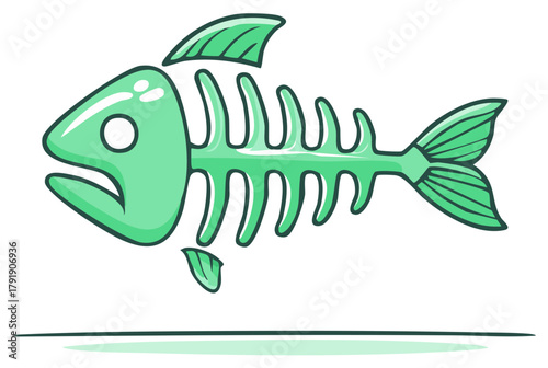 Funny Green Fish Skeleton Cartoon Doodle Illustration