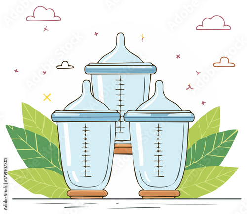 Cute illustration of baby bottles, leaves and decorative elements for infancy and care.