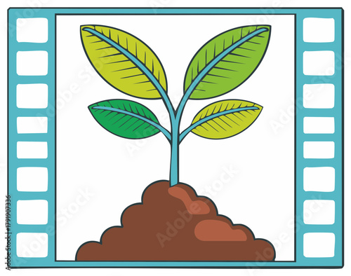 Illustration of a growing plant with green leaves emerging from soil, displayed in a square frame, eco concept