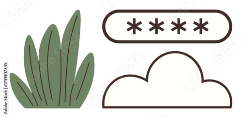 Grass tuft alongside a cloud and password input representation. Ideal for cybersecurity, cloud storage, nature-tech balance, data privacy, online safety, encryption, modern technology. Simple flat