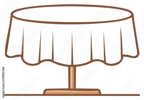 Illustration of a round table with a white tablecloth in cartoon style