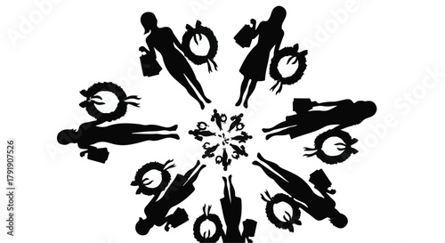 Women in silhouette arranged in a circular pattern with shopping bags and euro symbols, symbolizing consumerism and global commerce.