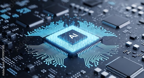 Wallpaper Mural Illuminated AI chip with glowing connections on a circuit board signifying advanced technology and artificial intelligence Torontodigital.ca