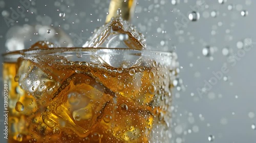 Refreshing Iced Tea with Condensation,Captivating Close-Up of Ice Cubes and Bubbles in a Glass of Refreshing Beverage