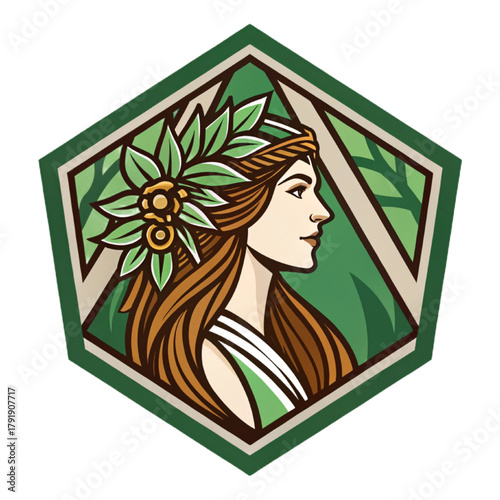 Forest Nymph Protector Esport Mascot Logo Vector – Nature Spirit Emblem with Solid Green and Brown Flat Design, Geometric Layout, Modern Gaming Badge

