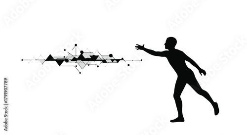 Silhouette reaching towards abstract digital network, symbolizing connection and innovation