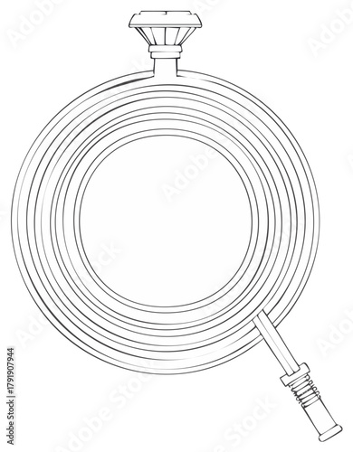 Coiled water hose vector illustration outline with spray nozzle and connector