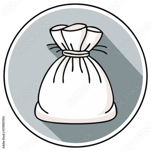 Simple cartoon drawing of a white drawstring bag with a long shadow