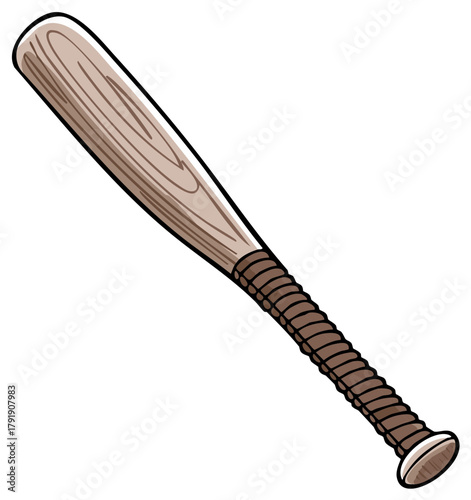 Wooden baseball bat with a wrapped grip, cartoon style sports equipment illustration