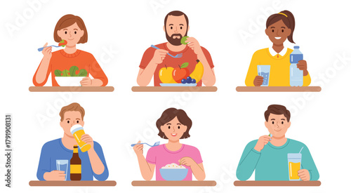 Healthy lifestyle and unhealthy eating habits vector concept featuring diverse people, balanced meals, snacks, fruits, vegetables, and beverages for wellness illustration projects.