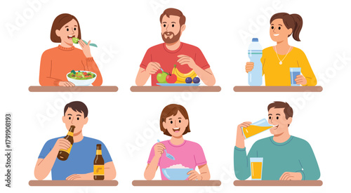 Healthy lifestyle versus unhealthy eating habits vector set featuring people with fruits, salads, drinks, and junk food for wellness and nutrition illustrations.