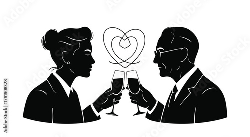 Elegant couple toasts with champagne, celebrating love and connection with a stylized heart.