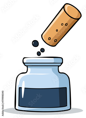 Cork stopper dripping dark ink drops into a light blue glass inkwell container