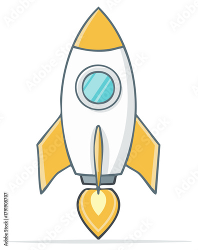 Illustration of a white and yellow cartoon rocket launching into space with flames