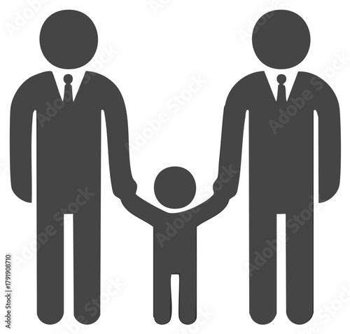 Simple graphic icon of two men with a child holding hands symbolizing same sex family and parenting