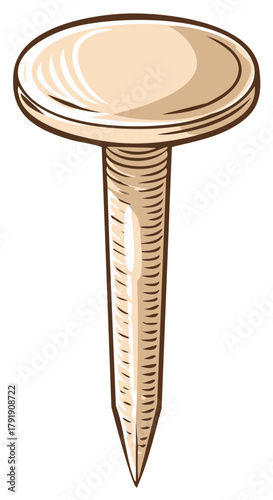 Hand drawn illustration of a single metal nail with a wide head and pointed tip