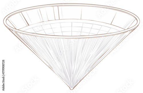 Cone shaped food strainer basket sketch with handle support and grid base