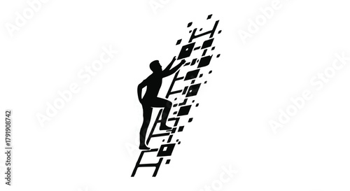 Silhouette of a person climbing a digitally dissolving ladder towards success.