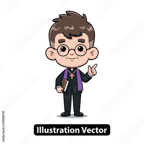 Cartoon priest character in a black cassock and purple stole holding a bible and teaching