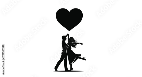 Silhouettes of a couple dancing joyfully under a large heart symbolizing love and romance.