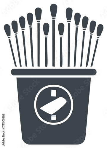 Stylized icon of ear swabs in a holder with a clock symbol graphic representing time and hygiene
