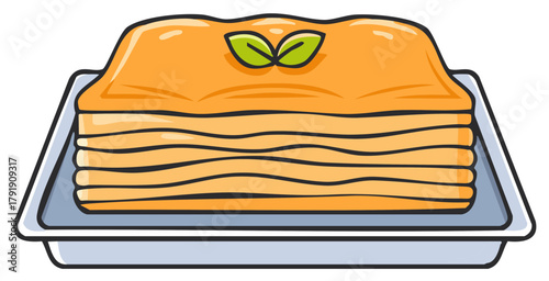 Cartoon Illustration of Delicious Flaky Baklava Pastry Stacked on Serving Platter with Green Leaves